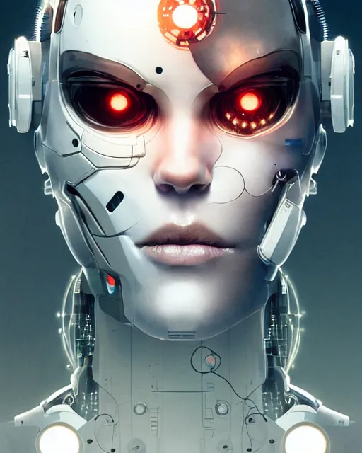 Image similar to cyborg removing her human mask revealing wires and gears behind her face, white mask, futuristic, y2k aesthetic, dramatic lighting, illustration by Greg rutkowski, yoji shinkawa, 4k, digital art, concept art, trending on artstation