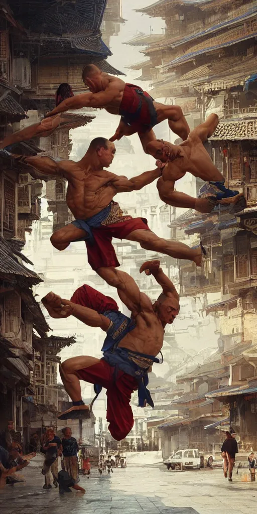 Image similar to a beautiful illustration of a young jean claude van damme, intricate, shaolin fight, arab city, houses, sharp focus, illustration, highly detailed, digital painting, concept art, matte, art by wlop and artgerm and greg rutkowski and alphonse mucha, masterpiece