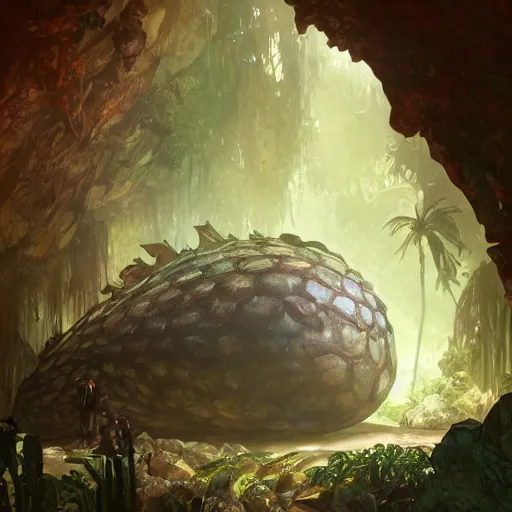 Prompt: A large acid dragon egg inside a tropical cave, fantasy art by greg rutkowski and alphonse mucha, highly detailed, digital painting, matte painting, concept art, illustration, oppressive lighting, trending on artstation, very detailed