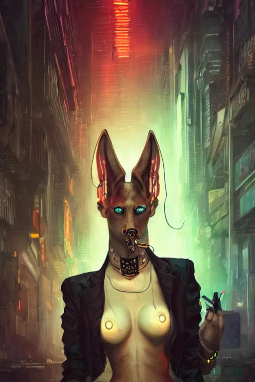 Prompt: beautiful portrait of a tall sensual female anubis smoking a cigarette in a bustling crowd of a rainy city street, goth punk clothes, cyberpunk, harsh neon lights, highly detailed, sharp focus, digital painting, illustration, trending on artstation, art by sakimichan, wlop, greg rutkowski