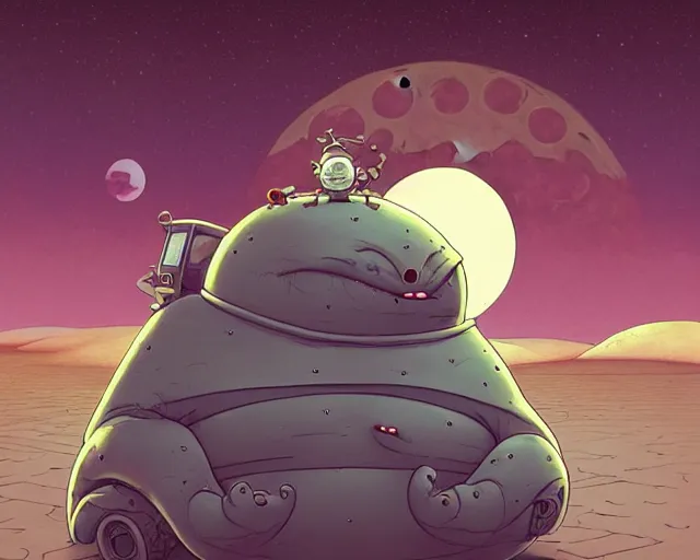 Image similar to a cell shaded cartoon grey lovecraftian mechanized santa, rotund shape, on a desert road, wide shot, in front of a big moon, muted colors, post grunge, josan gonzales, wlop, by james jean, victor ngai, hq, deviantart, art by artgem