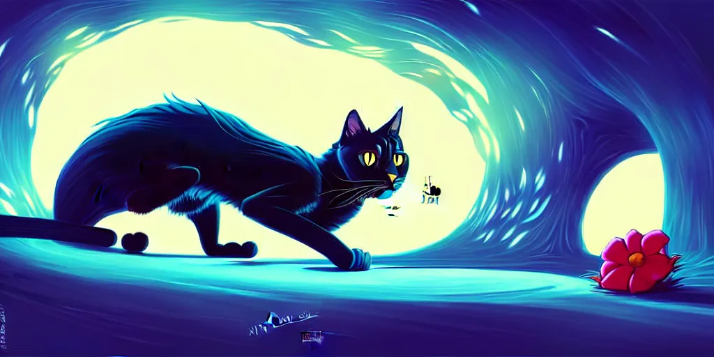 Image similar to curved perspective, extreme narrow, extreme fisheye, digital art of a big female black cat with white spot with blue flower by anton fadeev from nightmare before christmas