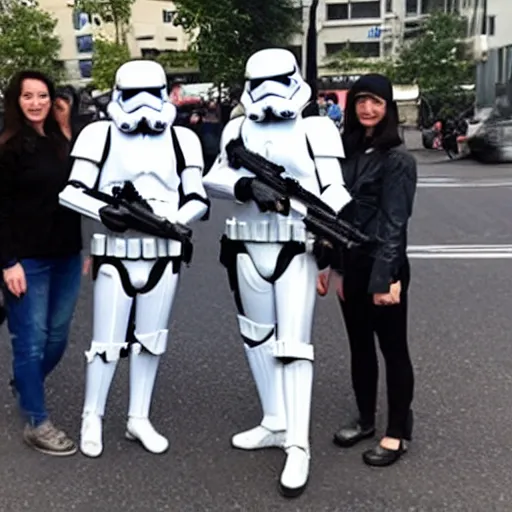 Image similar to two stormtroopers taking pictures with women on the street