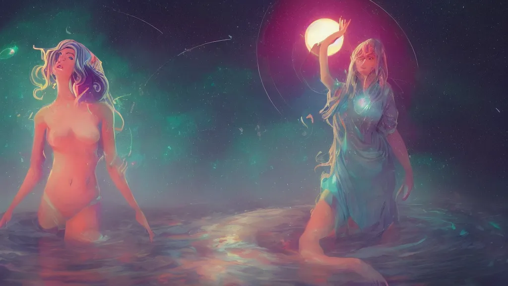 Image similar to a beautiful whimsical goddess standing in a lake basking in the moonlight, underneath a multi-colored binary blackhole with an accretion disc, glowing trails following her arm, by Lois van Baarle, by Greg Rutkowski, by artgerm, by beeple, by studio ghibli, cinematic angle, volumetric lighting, 4k resolution, octane render, trending on artstation, masterpiece