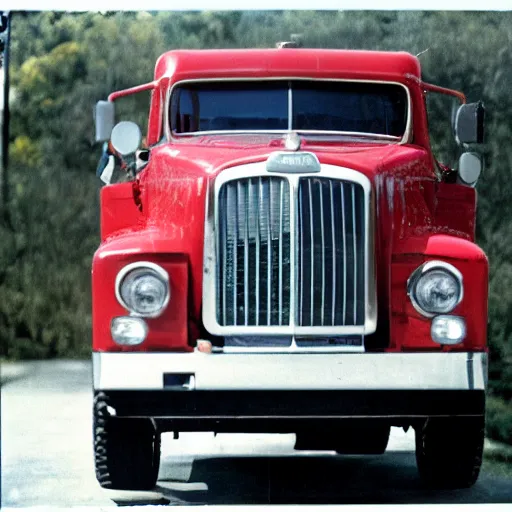 Prompt: mack truck, front view, 8 0 mm, kodachrome,