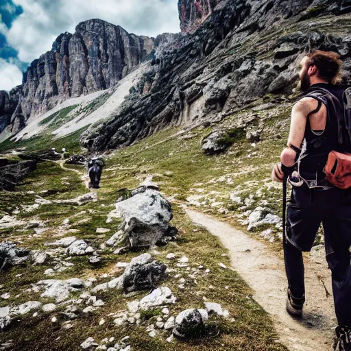 Prompt: a bearded young man hiking in the tyrolian mountains, south tyrol, hellscape, apocalypse