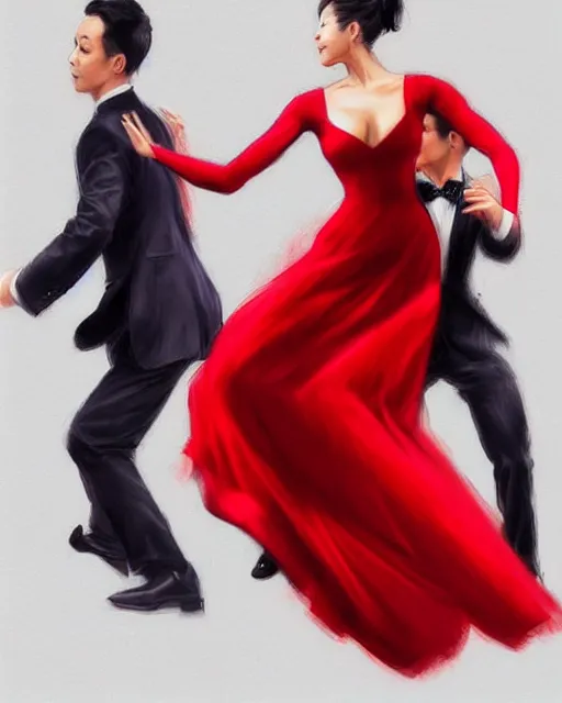 Image similar to Dancing Gesture draw by Stanley Artgerm Lau, Gesture draw, Salsa Dance, couple, lady using red dress, guy using a fancy suit, Salsa tricks, WLOP, Rossdraws, James Jean, Andrei Riabovitchev, Marc Simonetti, and Sakimichan, trending on artstation