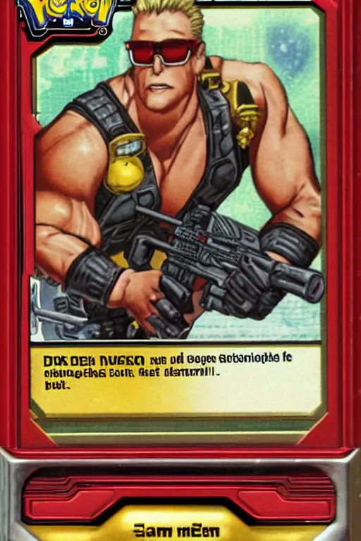 Prompt: Duke Nukem, Pokemon card of Duke Nukem, highly detailed trading card screenshot