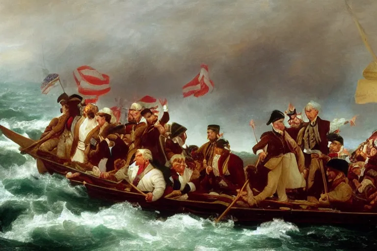 Image similar to Donald Trump crossing the delaware there is an arbys sign in the background by Emanuel Leutze