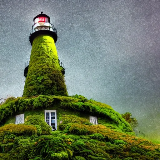 Image similar to photograph of a moss covered light house in the middle of a city on hills