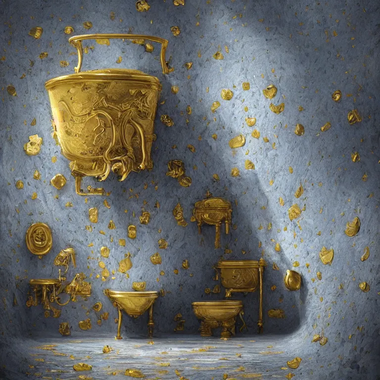 Prompt: A beautiful oil painting hyperrealism of a toilet made of marble stone, gold throne , grey beard, skull bones flowers, 8k resolution, octane render, Trending on artstation, by Gediminas Pranckevicius, volumetric light 2blue fractal Thunder glow by dan mumford, anaglyph effect, Laurie Lipton