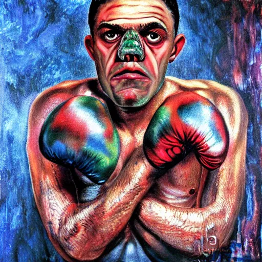 Prompt: macabre disgusting magic realism portrait of boxer painted by ivan albright