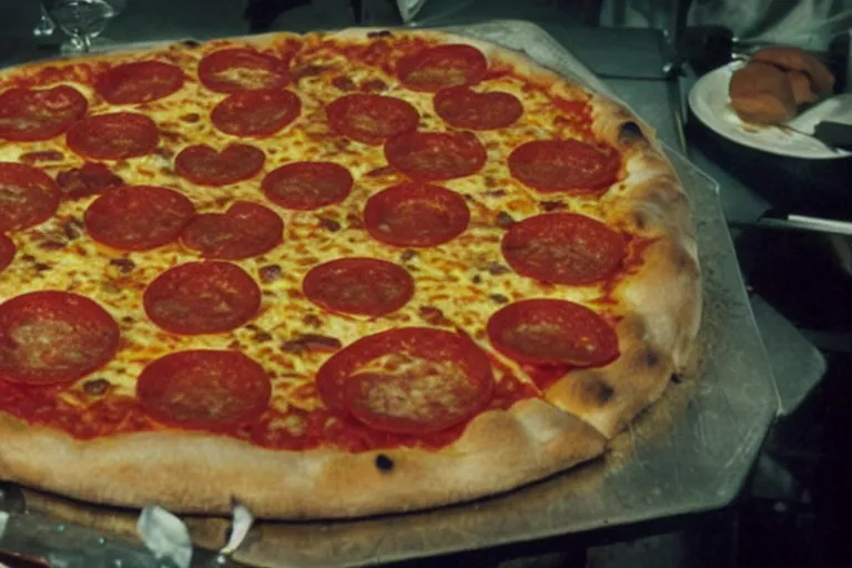 Image similar to pizza aspic in cyberspace, in 1 9 8 5, food photography, y 2 k cybercore, industrial low - light photography, still from a ridley scott movie