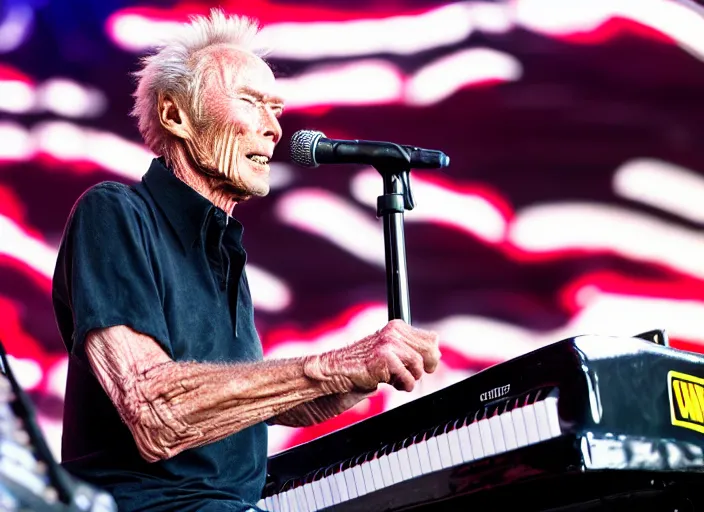 Prompt: photo still of clint eastwood on stage at vans warped tour!!!!!!!! at age 6 8 years old 6 8 years of age!!!!!!!! playing a piano on fire, 8 k, 8 5 mm f 1. 8, studio lighting, rim light, right side key light