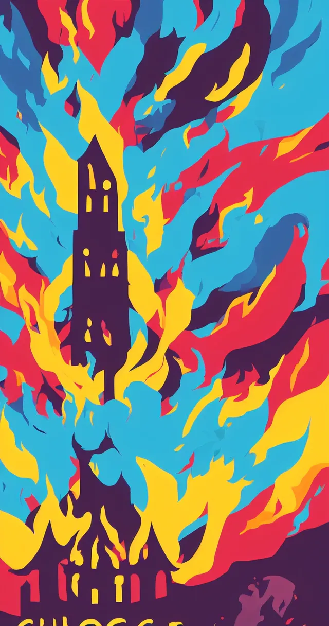 Prompt: colorful minimalist poster art design of a burning church from pokemon sword and shield