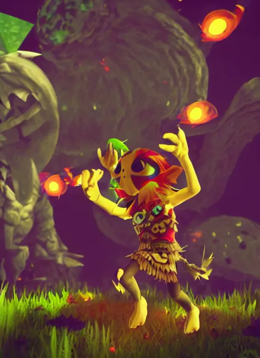 Prompt: skull kid from majoras mask floating in the air while looking at the viewer maniacally, legend of zelda fairy in the background, dramatic lighting, cinematic, film, dynamic pose, movie scene