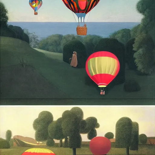 Prompt: an outdoor hot-air-balloon-museum-exhibit by Raphael, Hopper, and Rene Magritte. detailed, romantic, enchanting, trending on artstation.