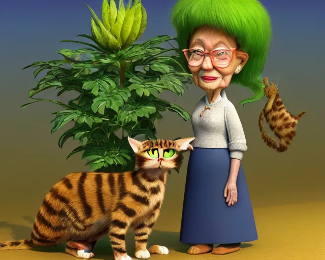 Prompt: detailed cartoon portrait of an old lady and her plant cat, 3d pixar, sharp high quality