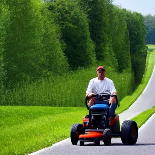 Prompt: man driving lawnmower on highway in the style of Hieronymus Bosch