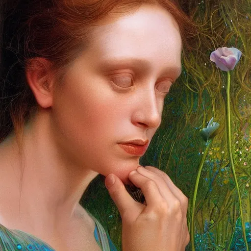 Prompt: A beautiful portrait of a woman with iridescent skin by James C. Christensen, scenic environment