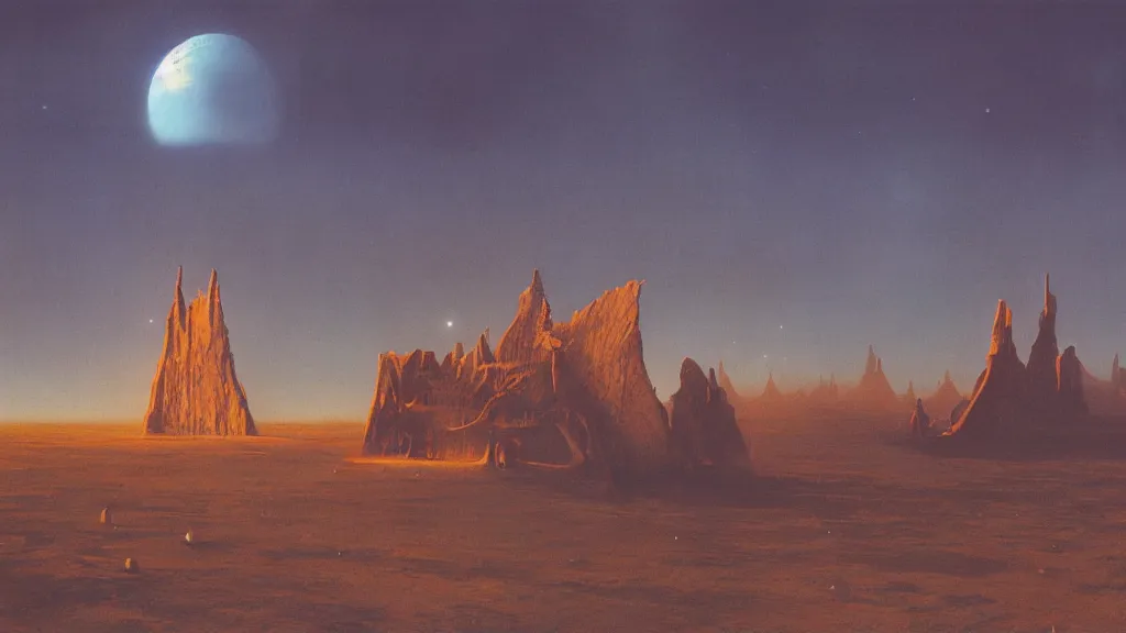 Image similar to emissary space by arthur haas and bruce pennington and john schoenherr, cinematic matte painting, photo realism, dark color palate, blue hour