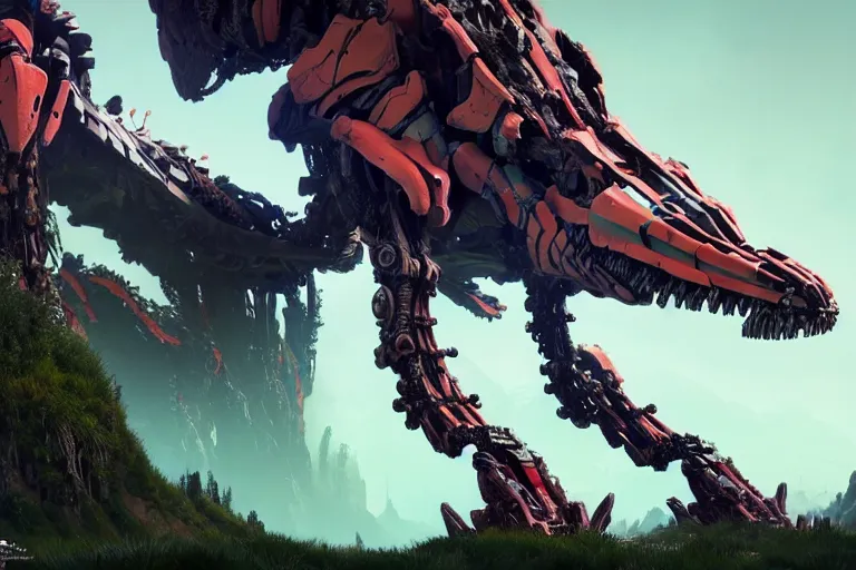 Image similar to wide epic shot. a hyper detailed fanghorn evangelion realistic mechanical and organic creature similar look as horizon forbidden west horizon zero dawn, bioluminiscence in a dark deep forest at dawn in spring, with reflection and textures, by kilian eng, substance painter reaslitic mech surface metal painted scratches, world env from horizon forbidden west horizon zero dawn