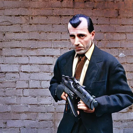 Prompt: closeup portrait of a mobster with a thompson submachine gun a smoky new york back street , by Steve McCurry and David Lazar, natural light, detailed face, CANON Eos C300, ƒ1.8, 35mm, 8K, medium-format print