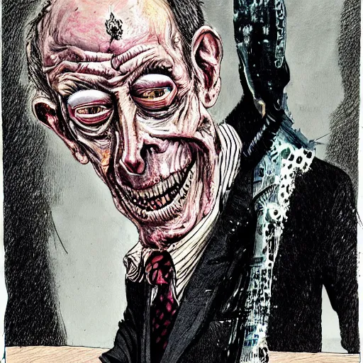 Image similar to Jacob Rothschild full body shot, dollar bills Body horror, biopunk, by Ralph Steadman, Francis Bacon, Hunter S Thompson