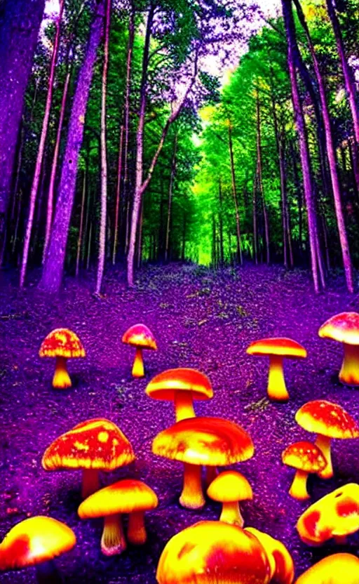 Image similar to trippy enchanged forest with large psychedelic mushrooms