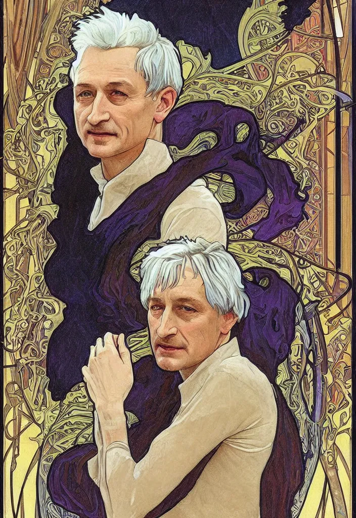 Image similar to realistic white - haired geoffrey hinton on a tarot card, tarot in art style by alphonse mucha