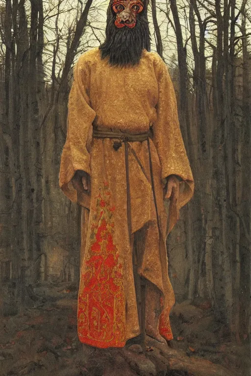 Prompt: slavic dog head man, woolen torso in medieval clothes, walking in the forest, orthodox, oil painting, concept art, hyperrealism, beautiful, high resolution, trending on artstation, by annie swynnerton and nicholas roerich, embroidered robes, elaborate costume, geometric ornament, symbolist, soft colors, extremely detailed