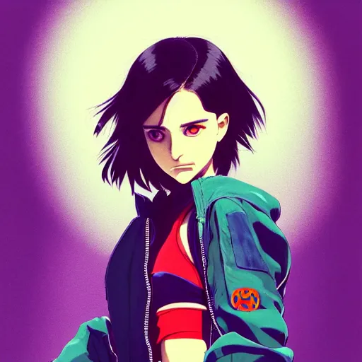 Image similar to a beautiful boyish natalie portman gravure model, wearing oversized mayan bomber jacket and leotard with overalls, bulky poofy bomber jacket with mesoamerican patterns, mesoamerican street fashion, gapmoe yandere grimdark, trending on pixiv fanbox, painted by greg rutkowski makoto shinkai takashi takeuchi studio ghibli, akihiko yoshida