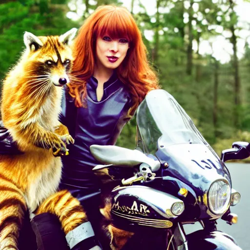 Image similar to a photo by arbus of a slender beautiful woman with straight ginger hair and bangs, wearing purple leathers and gold helmet, posing with large ginger tabby and raccoon on a motorcycle in front yard, holding coffee mug and toasted brioche bun, fashion photography, dramatic lighting, 8 5 mm lens