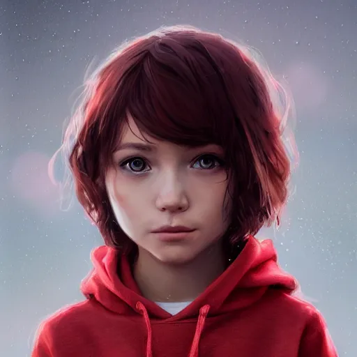 Image similar to a tiny girl with short red hair wearing a hoodie, digital art, cute face, very beautiful face, pretty face, very detailed eyes, full body illustration, 8 k resolution, soft painting, by greg rutkowski, wlop, rossdraws,