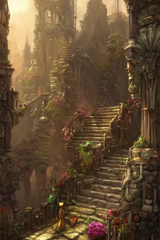 Prompt: matte glossy illustration painting of stone steps fantasy leading steampunk doorway steampipes and valvesl, artstation by emilia dziubak, will terry, greg olsen, chris mars, ann long, and mark brooks, gret ritkowski dramatic, architecture, colorful warcraft architecture