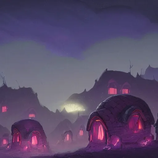 Image similar to concept art painting of a fantasy alien nighttime landscape of houses made of fungus, with glowing blue lights, glowing mushrooms, dark purple sky, realistic, detailed, cel shaded, in the style of makoto shinkai and greg rutkowski and albert bierstadt and james gurney