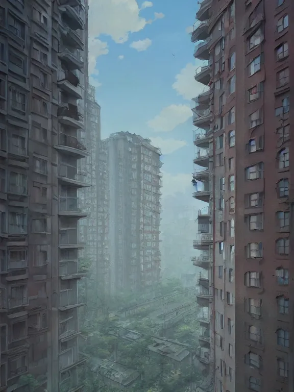 Image similar to a highly detailed matte painting of soviet apartment building by studio ghibli, makoto shinkai, by artgerm, by wlop, by greg rutkowski, volumetric lighting, octane render, 4 k resolution, trending on artstation, masterpiece