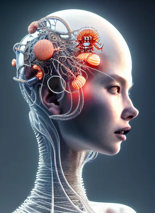 Prompt: portrait of an absurdly beautiful, graceful, sophisticated, fashionable cyberpunk mechanoid, hyperdetailed illustration by irakli nadar and alexandre ferra, intricate linework, white porcelain skin, faberge, coral and jellyfish headdress, octane render, gsociety, global illumination, radiant light, detailed and intricate environment