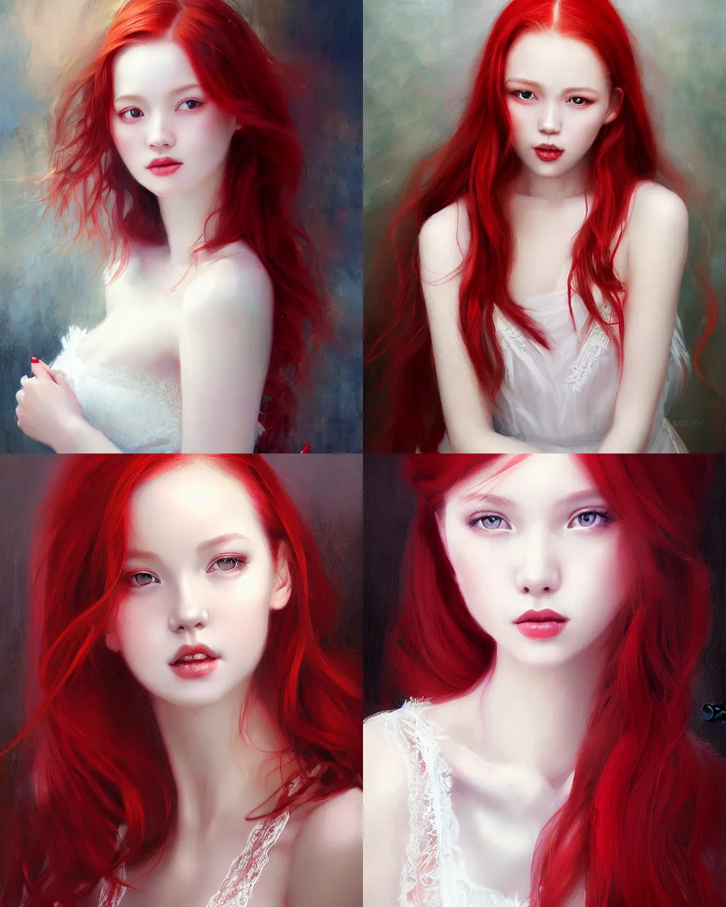 Prompt: girl with red hair and white lace dress, a beautiful portrait, soft painting, by stanley artgerm lau, wlop, rossdraws, lerapi, and sakimichan