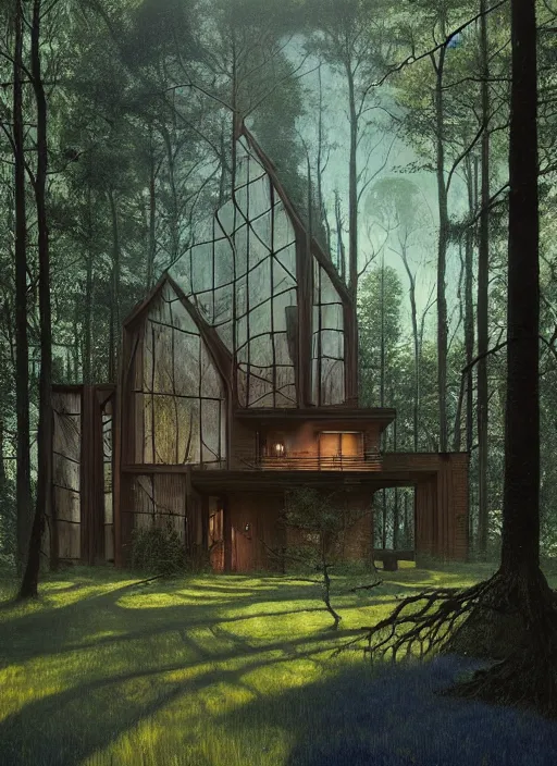 Image similar to hyper realistic witchy modern house with mood lighting and tech in the woods gorgeous lighting, blue sky, highly detailed, lush forest foliage painting by zdzisław beksinski and norman rockwell and greg rutkowski weta studio, and lucasfilm