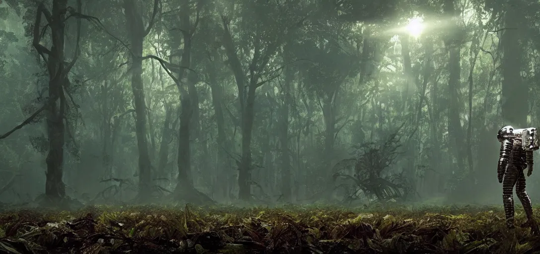 Image similar to an astronaut visiting a complex organic fractal 3 d metallic symbiotic ceramic humanoid megastructure creature in a swampy lush forest, foggy, sun rays, cinematic shot, photo still from movie by denis villeneuve, wayne barlowe