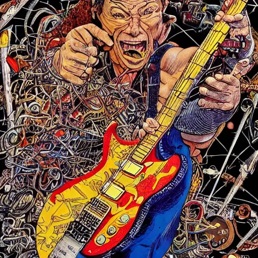 Prompt: A stunning illustration of eddie van halen playing guitar on stage, hyperdetailed mixed media artwork combining the styles of Micheal Kaluta and Geof Darrow, wild power, frantic excitement, emotional release, cathartic headbanging, perfectly symmetrical facial features, 8k, deeply detailed, cinematic lighting