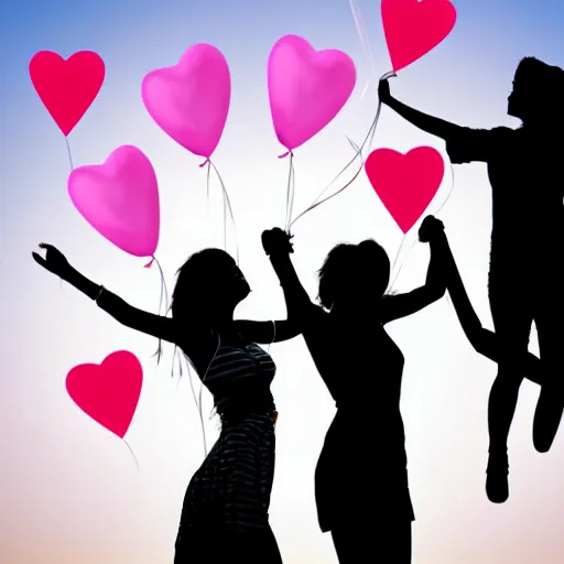 Image similar to silhouette of silly young women at a party having fun and holding balloons with pink hearts in the air