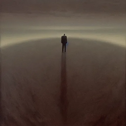 Image similar to Jeff Bezos at the edge of time, moody, dramatic, masterpiece by Zdzisław Beksiński