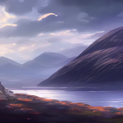 Prompt: the mountains of mourne in ireland sweeping down to the sea, highly detailed, digital painting, concept art, sharp focus, by makoto shinkai