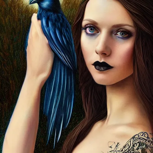 Image similar to full body portrait of a girl with blue eyes, gentle face, smiling softly, long dark hair, intricate detailed goth dress, next to a beautiful raven, highly detailed, deep focus, elegant, digital painting, smooth, sharp focus, golden ratio, illustration, ultra realistic, 8 k, art by artgerm and caravaggio