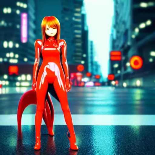 Image similar to asuka langley in a neon city, octane render 8 k, photorealistic render, atmospheric render, beautiful face, cute, realistic skin, redshift render, realistic reflections