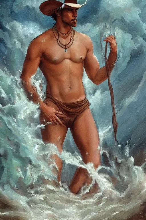 Prompt: an ethereal, epic painting of a handsome brown shirtless cowboy | background is a torrential flooding river | tarot!! card, art deco, art nouveau | by Mark Maggiori | trending on artstation