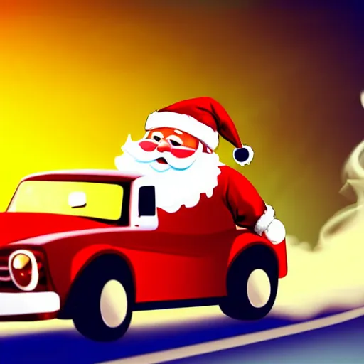 Image similar to Santa Clause driving a rally car he is going fast there is smoke coming from the tires there is snow on the track you can clearly see Santa Clause driving he is fat and jolly, realistic lighting, realistic shadows, highly reflective, photo realistic, hyper realistic