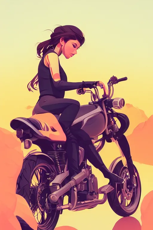 Image similar to a girl on a motorcycle, centered, solid bacgkround, median photoshop filter cutout vector behance, hd by artgerm, jesper ejsing, by rhads, makoto shinkai and lois van baarle, ilya kuvshinov, rossdraws, illustration, art by ilya kuvshinov and gustav klimt